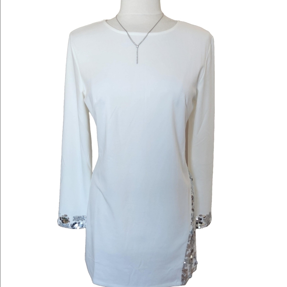 NWT Nylon Apparel Solid White Long Sleeve Side Slit Sequin Short Dress - Picture 3 of 6
